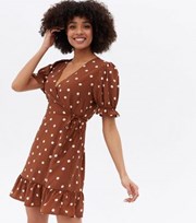 New Look Brown Spot Frill Mini Wrap Dress